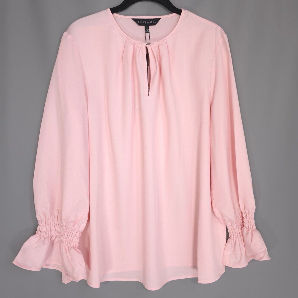 MING WANG New Women’s Top LARGE Pink Ruched Bell Sleeves Blouse Lightweight